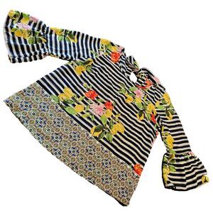 VALERIE STEVENS lemon floral stripe blouse size M mediterranean print polyester